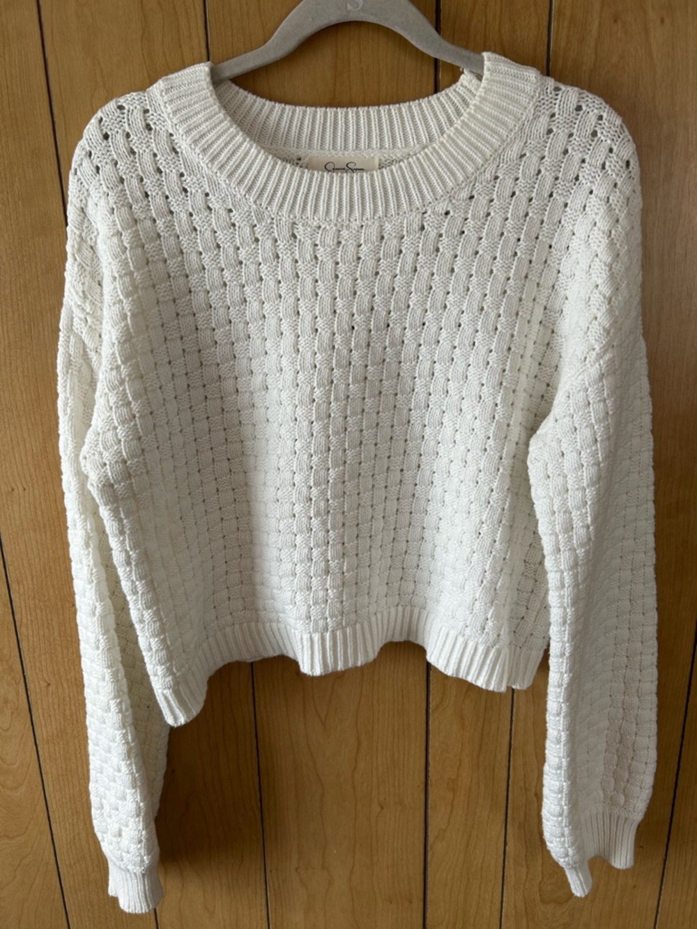 Jessica Simpson White Open-Stitch Crewneck Sweater